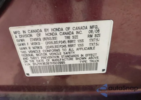 2007 Honda Ridgeline Rtx из США, поврежденный, VIN 2HJYK16397H502995